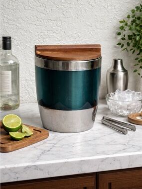 Mid Century Modern Ice Bucket Teal Stainless Steel Wood Lid Barware
